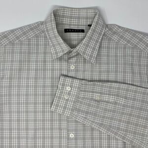 Theory Men's Shirt Beige Plaid Light Weight Size Large Neck 16‎ Sleeve 34/35